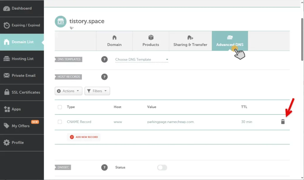 Namecheap CNAME 레코드 삭제
